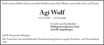 Traueranzeige von Agi Wolf von vrm-trauer Darmstädter Echo