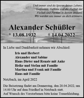 Traueranzeige von Alexander Schüßler von vrm-trauer Wiesbadener Kurier