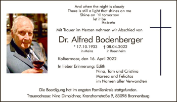 Traueranzeige von Alfred Bodenberger von vrm-trauer AZ Mainz