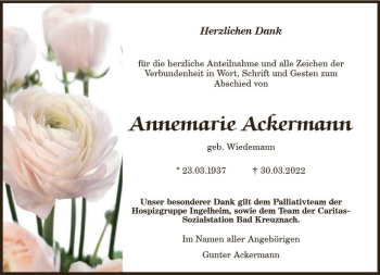 Traueranzeige von Annemarie Ackermann von vrm-trauer AZ Mainz