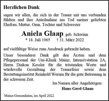 Traueranzeige von Aniela Glaap von vrm-trauer AZ Mainz