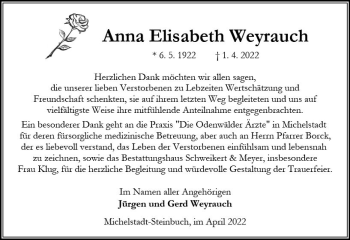Traueranzeige von Anna Elisabeth Weyrauch von vrm-trauer Odenwälder Echo