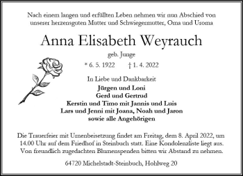 Traueranzeige von Anna Elisabeth Weyrauch von vrm-trauer Odenwälder Echo