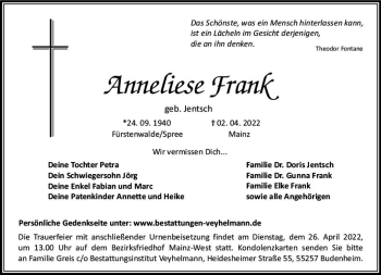 Traueranzeige von Anneliese Frank von vrm-trauer AZ Mainz