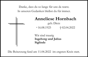 Traueranzeige von Anneliese Hornbach von vrm-trauer Allgemeine  Zeitung Ingelheim-Bingen