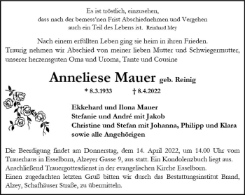 Traueranzeige von Anneliese Mauer von vrm-trauer Allgemeine Zeitung Alzey