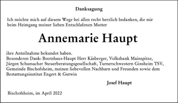 Traueranzeige von Annemarie Haupt von vrm-trauer AZ Mainz