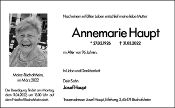 Traueranzeige von Annemarie Haupt von vrm-trauer AZ Mainz
