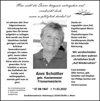 Traueranzeige von Anni Schüttler von vrm-trauer Wiesbadener Kurier