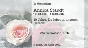 Traueranzeige von Annica Staudt von vrm-trauer Odenwälder Echo