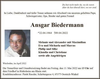 Traueranzeige von Ansgar Biedermann von vrm-trauer Wiesbadener Kurier