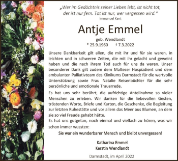 Traueranzeige von Antje Emmel von vrm-trauer Darmstädter Echo