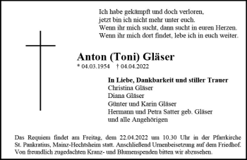 Traueranzeige von Anton  Gläser von vrm-trauer AZ Mainz
