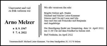 Traueranzeige von Arno Melzer von vrm-trauer AZ Mainz