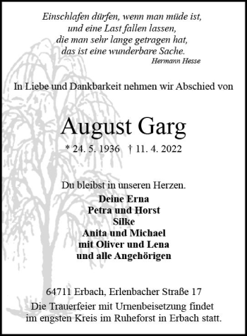 Traueranzeige von August Garg von vrm-trauer Odenwälder Echo