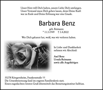 Traueranzeige von Barbara Benz von vrm-trauer AZ Mainz