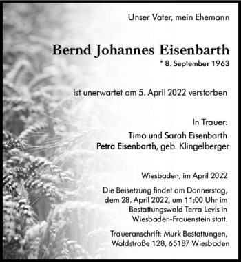 Traueranzeige von Bernd Johannes Eisenbarth von vrm-trauer Wiesbadener Kurier