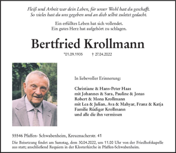 Traueranzeige von Bertfried Krollmann von vrm-trauer Allg. Zeitung Bad Kreuznach