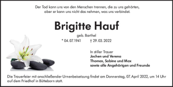Traueranzeige von Brigitte Hauf von vrm-trauer Groß-Gerauer Echo