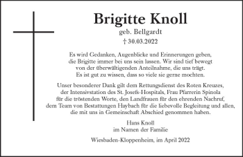 Traueranzeige von Brigitte Knoll von vrm-trauer Wiesbadener Kurier