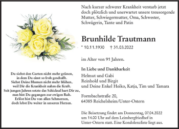 Traueranzeige von Brunhilde Trautmann von vrm-trauer Odenwälder Echo