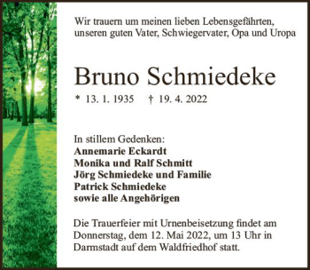 Traueranzeige von Bruno Schmiedeke von vrm-trauer Darmstädter Echo