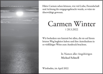 Traueranzeige von Carmen Winter von vrm-trauer Wiesbadener Kurier