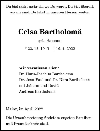 Traueranzeige von Celsa Bartholmä von vrm-trauer AZ Mainz