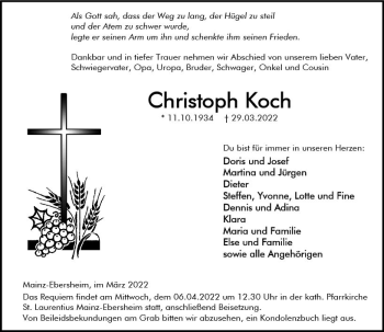 Traueranzeige von Christoph Koch von vrm-trauer AZ Mainz