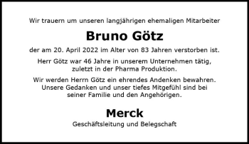 Traueranzeige von Bruno Götz von vrm-trauer Darmstädter Echo
