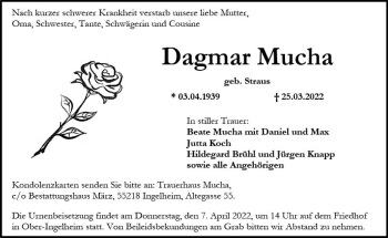 Traueranzeige von Dagmar Mucha von vrm-trauer Allgemeine  Zeitung Ingelheim-Bingen