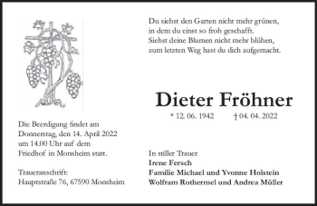 Traueranzeige von Dieter Froehner von vrm-trauer Wormser Zeitung