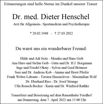 Traueranzeige von Dieter Henschel von vrm-trauer Wiesbadener Kurier