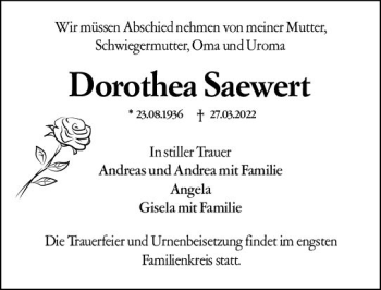 Traueranzeige von Dorothea Saewert von vrm-trauer Wiesbadener Kurier
