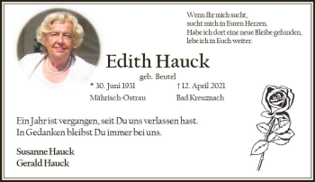 Traueranzeige von Edith Hauck von vrm-trauer Allg. Zeitung Bad Kreuznach