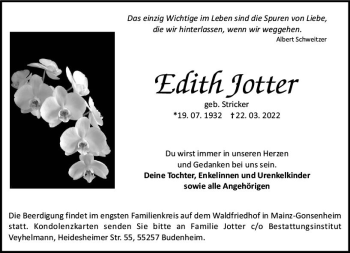Traueranzeige von Edith Jotter von vrm-trauer AZ Mainz