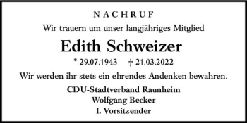 Traueranzeige von Edith Schweizer von vrm-trauer Rüsselsheimer Echo / MainSpitze