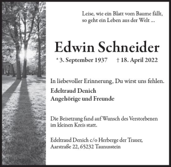 Traueranzeige von Edwin Schneider von vrm-trauer Wiesbadener Kurier