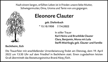 Traueranzeige von Eleonore Clauter von vrm-trauer Wormser Zeitung