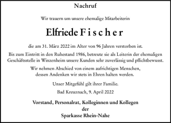 Traueranzeige von Elfriede Fischer von vrm-trauer Allg. Zeitung Bad Kreuznach