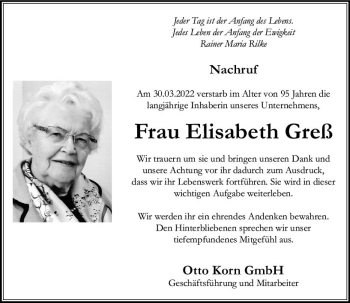 Traueranzeige von Elisabeth Greß von vrm-trauer Wormser Zeitung