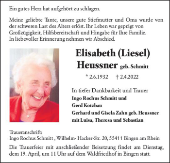 Traueranzeige von Elisabeth Heussner von vrm-trauer Allgemeine  Zeitung Ingelheim-Bingen