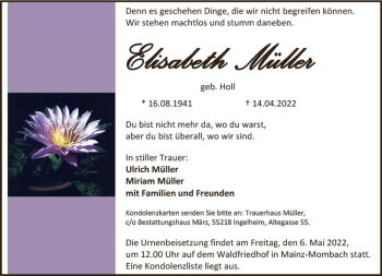 Traueranzeige von Elisabeth Müller von vrm-trauer Allgemeine  Zeitung Ingelheim-Bingen
