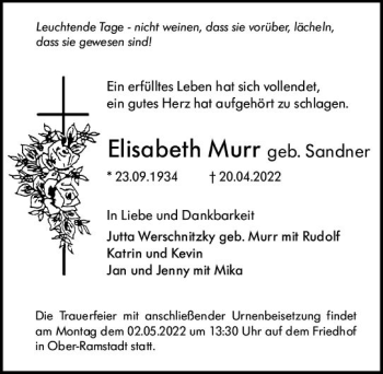 Traueranzeige von Elisabeth Muss von vrm-trauer Darmstädter Echo