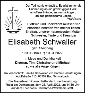 Traueranzeige von Elisabeth Schwaller von vrm-trauer Wiesbadener Kurier