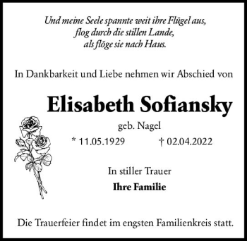 Traueranzeige von Elisabeth Sofiansky von vrm-trauer Rüsselsheimer Echo / MainSpitze