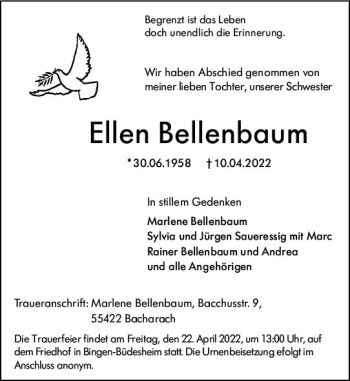 Traueranzeige von Ellen Bellenbaum von vrm-trauer Allgemeine  Zeitung Ingelheim-Bingen