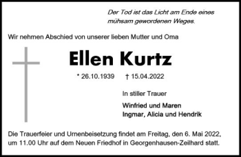 Traueranzeige von Ellen Kurtz von vrm-trauer Darmstädter Echo