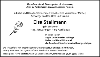 Traueranzeige von Elsa Stallmann von vrm-trauer AZ Mainz