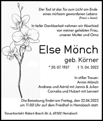 Traueranzeige von Else Mönch von vrm-trauer Darmstädter Echo